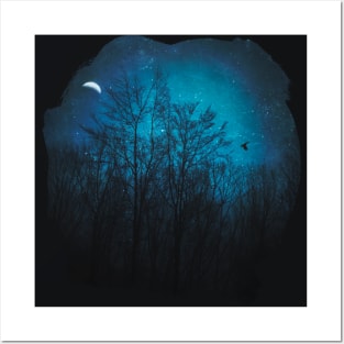 Moody Trees - Night Scene With Tree Silhouettes and Half Moon Posters and Art